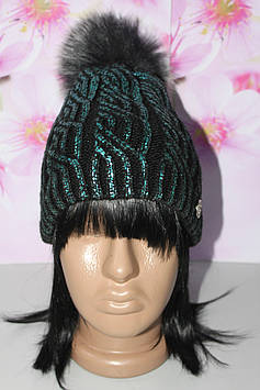 Шапка тепла з хутряним натуральним бубоном чорна з бірюзовим