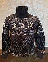Молодёжный вязаный синий свитер с оленями размер L,XL,XXL
