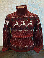 Молодіжний в язаний светр з оленями розмір XL,XXL бордовий