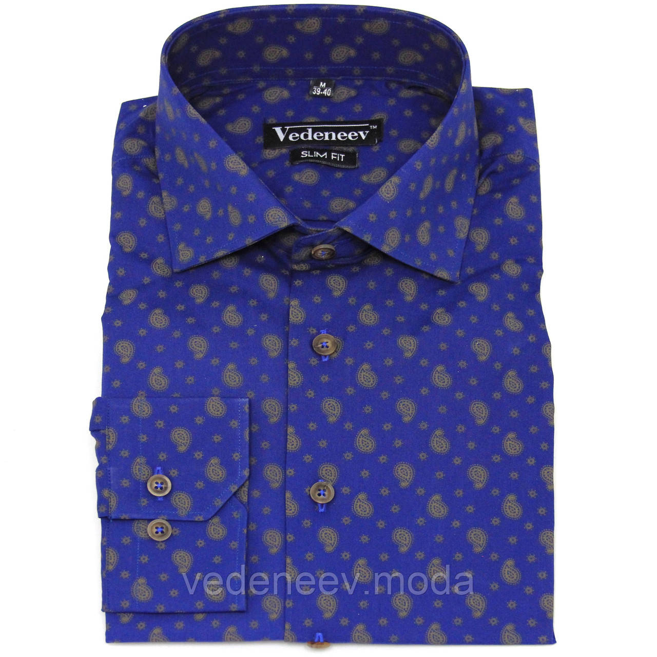 Приталена синя сорочка з орнаментом "Турецький огірок" 100% бавовна Slim Fit