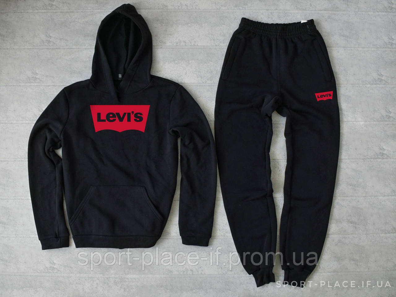 Теплий спортивний костюм Levis чорний (ЗИМА) з начосом, толстовка велика емблема, штани