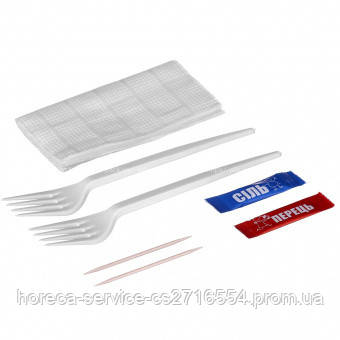 Набір одноразових приладів в індивідуальній упаковці Вилка 2 шт. серветка 2 шт. Зубочистка 2 шт. перець сіль, фото 1