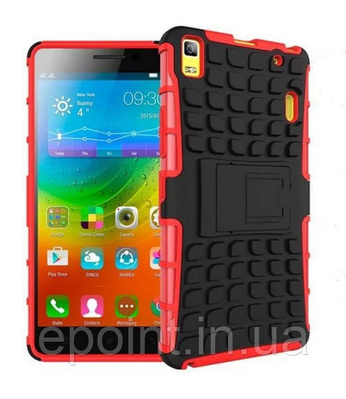 Футляр 2 в 1, бампер накладка для Lenovo A7000, основа червона, протектор/підставка пластик, чорного кольору