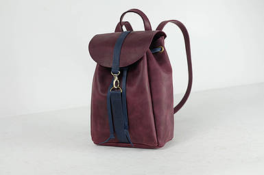 Жіночий шкіряний рюкзак Київ, розмір міні, натуральна Вінтажна шкіра колір Бордо + Синий