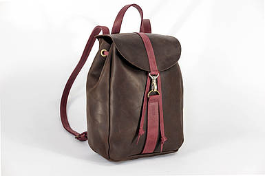 Жіночий шкіряний рюкзак Київ, розмір міні, натуральна Вінтажна шкіра колір коричневый, відтінок Шоколад + Бордо