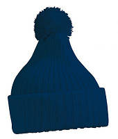 Теплая мужская зимняя шапка с помпоном и подворотом темно-синяя