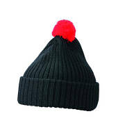 Теплая мужская черная шапка с подворотом и красным помпоном