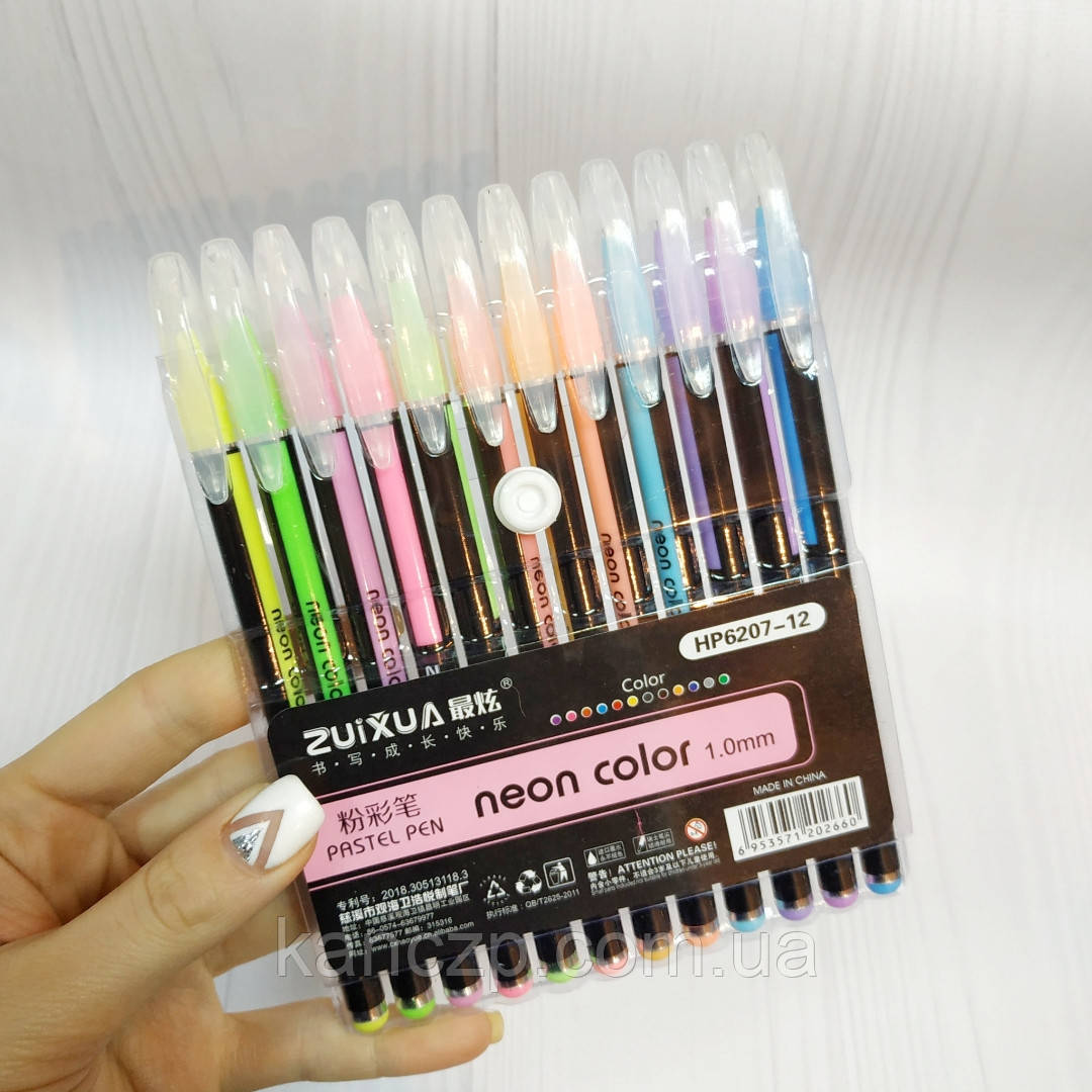 Набор ручек гель неон 12 цветов 1мм, фото 1