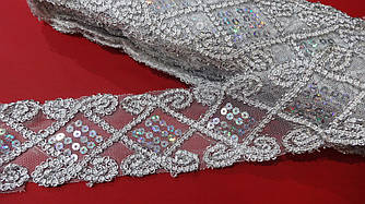 Тасьма декоративна з паєтками 6 см (білий/срібло)