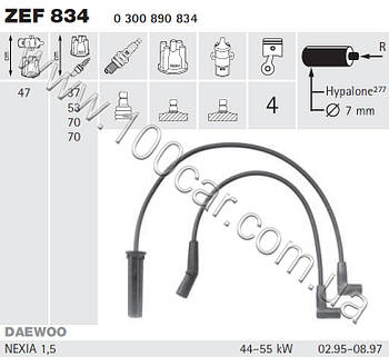 Дроти запалювання Beru (к-т) ZEF834 для DAEWOO NEXIA 1.5, оригінальні номери: 0 300 890 834, 4126, NP 1332, RC-DW 401, 96156396,