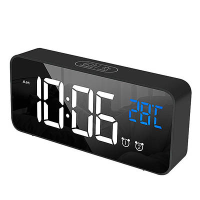 Годинник настільний електронний дзеркальний Losso Premium (BT) з LED підсвічуванням та термометром (чорні), будильник