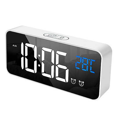 Годинники настільні електронні дзеркальні Losso Premium (BT) з LED підсвічуванням і термометром (білі), будильник
