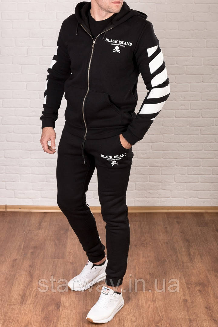 Спортивний чорний костюм на блискавці off white black island з капюшоном | white logo