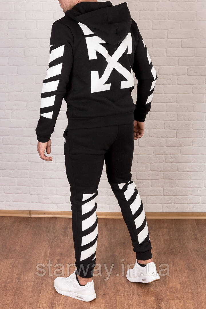 Спортивний чорний костюм на блискавці принт Off White Black Island з капюшоном