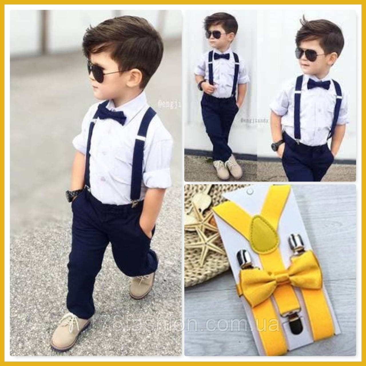 Стильний і модний дитячий комплект: підтяжки + метелик №11 жовтого кольору, фото 1