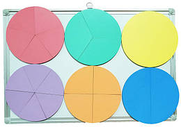 Дроби навчальні від 1 до 6 частин d = 20 см ЦВІТНІ на магнітах із фанери AS-7108, О-00015