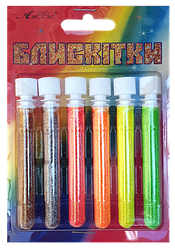 Блискітки (Глітер) Набір No 14 — 2 г (6 шт) — Флуоресцентні — Лимонний + Зелений + Жовтогарячий + Персиковий +