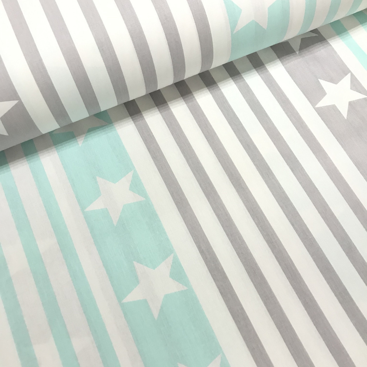 ВІДРЕЗ (0,7 * 2,4 м) Тканина поплін великі зірки на сіро-м'ятній смужці (ТУРЦІЯ шир. 2,4 м) (R-FR-0138), фото 1