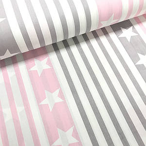 Тканина поплін великі зірки на сіро-рожевій смужці (ТУРЦІЯ шир. 2,4 м) (R-FR-0023)