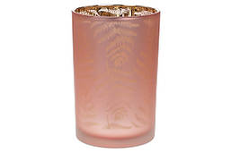 Підсвічник скляний з малюнком Папороть, колір - пастельний рожевий, 18см