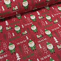 Ткань польская хлопковая, Санта Клаус с подарками в зеленых тонах на красном