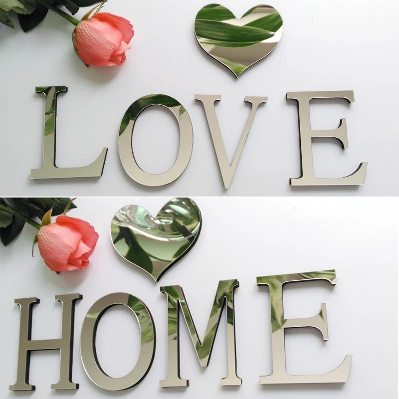 Дзеркальні пластикові літери наклейки, HOME або LOVE із серцем, літери 3D 10 см висота