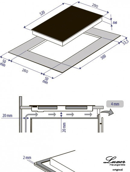 РАЗМЕР ВСТРАИВАНИЯ И ГАБАРИТЫ ВАРОЧНОЙ ДВУХКОМФОРОЧНОЙ ИНДУКЦИОННОЙ ПОВЕРХНОСТИ LUXOR В БЕЛОМ ЦВЕТЕ RI 340 WH