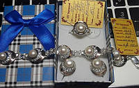Комплект Лючия из серебра 925 пробы с жемчугом (серьги + кольцо + браслет + подвес) с золотыми вставками