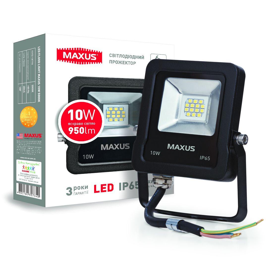 Світлодіодний прожектор 10 вт, LED 10w MAXUS 1-MFL-01-1050, 5000K чорний корпус