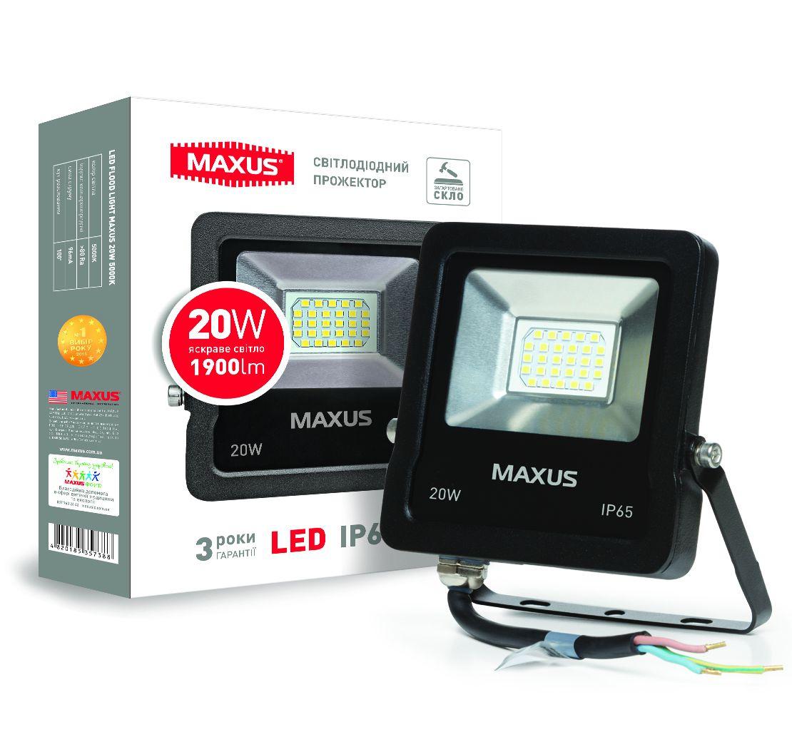 Світлодіодний прожектор 20 вт, LED 20w MAXUS 1-MFL-01-2050, 5000K чорний корпус
