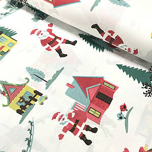 Бавовняна тканина (ТУРЦІЯ шир. 2,4 м) Санта Клаус з ялинками та будинками на білому