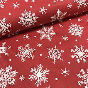 Ткань поплин снежинки белые редкие с горошком на красном (ТУРЦИЯ шир. 2,4 м)