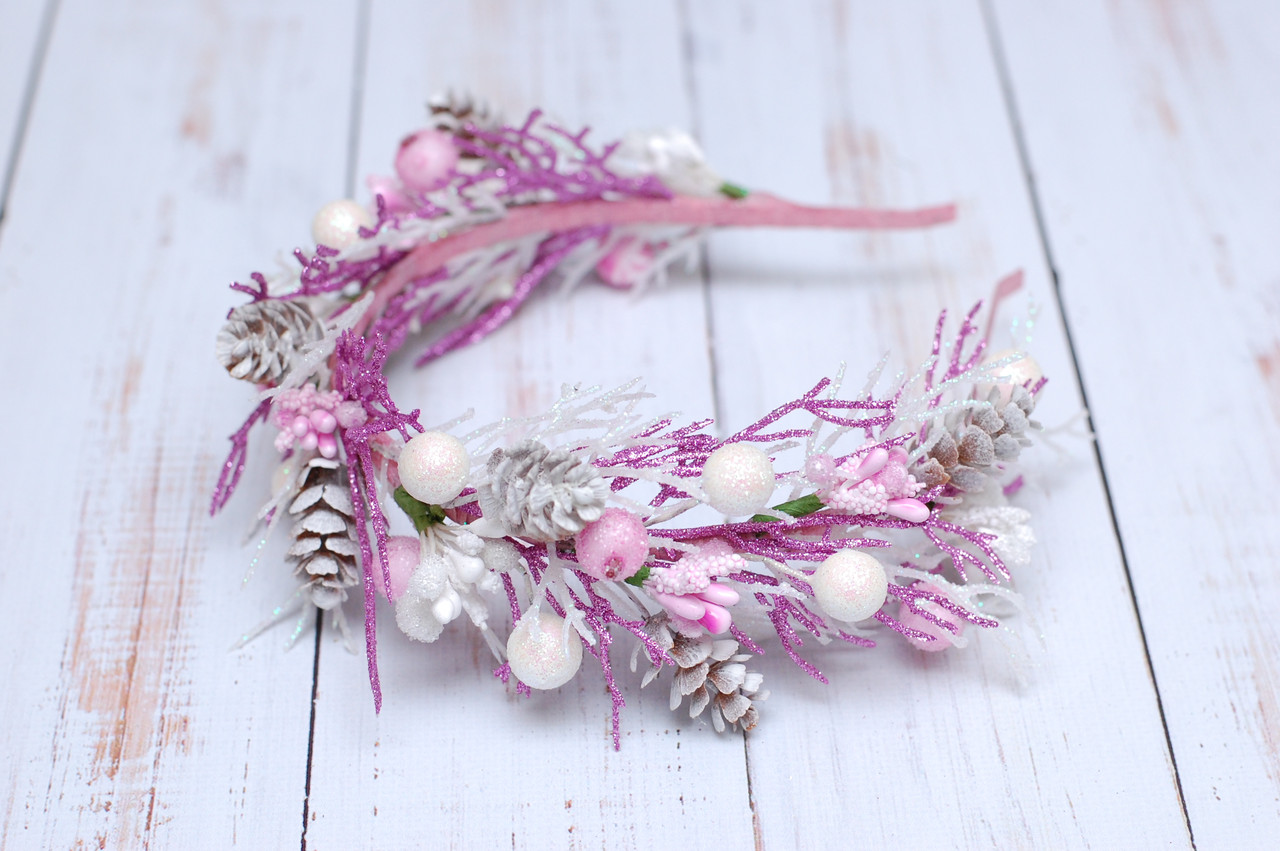 Обруч для волосся/ Ободок на голову новорічний із шишками біло-рожевий 248 об, фото 1