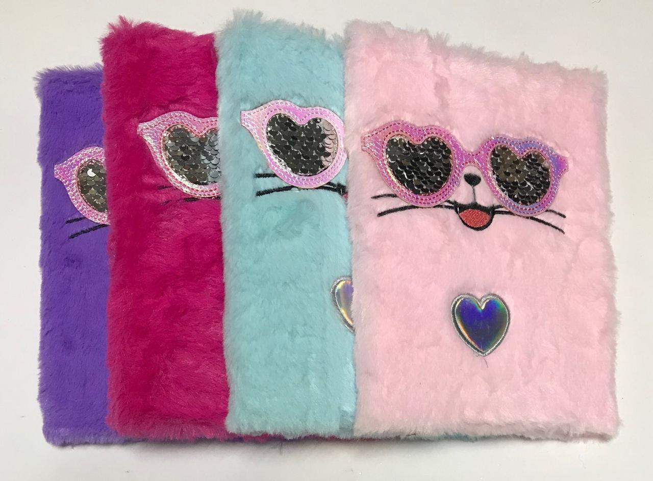 Блокнот А5 хутряний №4040 "Кітка в окулярах (паєтки)" клітина, 80л, мікс, фото 1