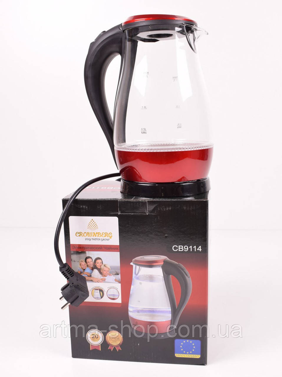 Електрочайник скляний з підсвічуванням Crownberg CB 9114, 1.7 L