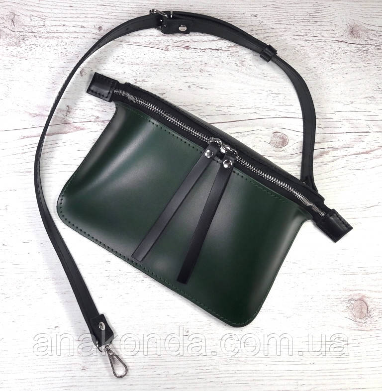 461-4 Натуральна шкіра Сумка на пояс жіноча чорна-зелена Сумка бананка жіноча шкіряна зелена Сумка