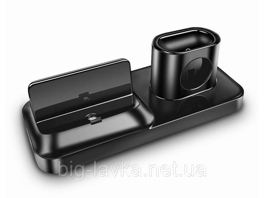 Док станція 3 в 1 для iPhone смарт-годинник смартфон і навушники  Чорний, фото 1