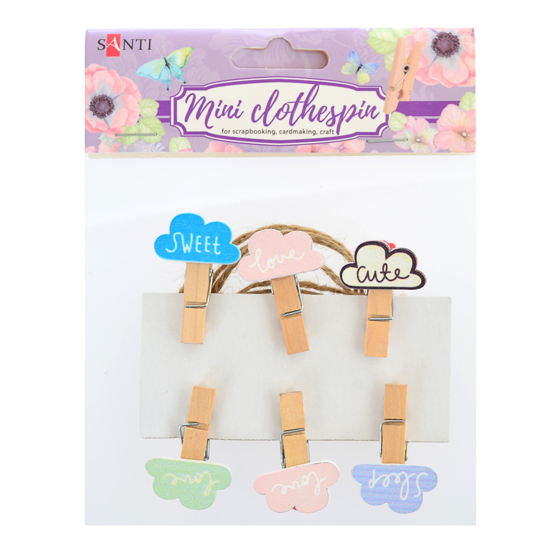Набір прищіпок дерев'яних декоративних Santi Cute clouds 3.5 см 6шт/уп код: 742140