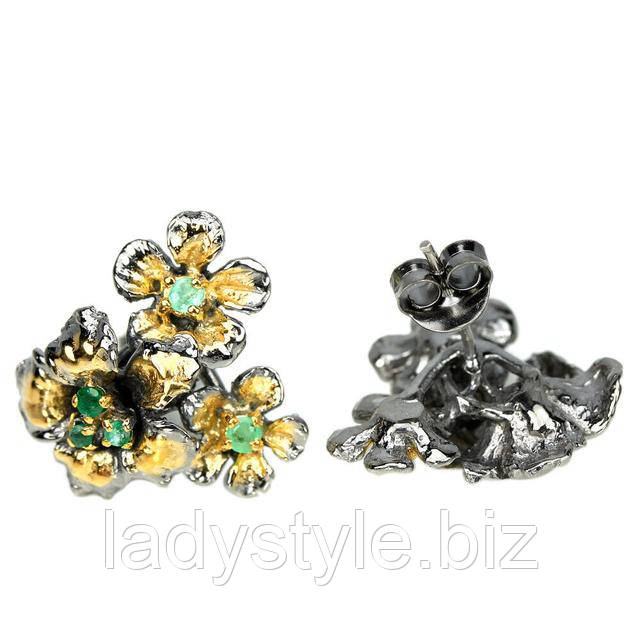 купить серебряное кольцо перстень с натуральными изумрудами леди стиль