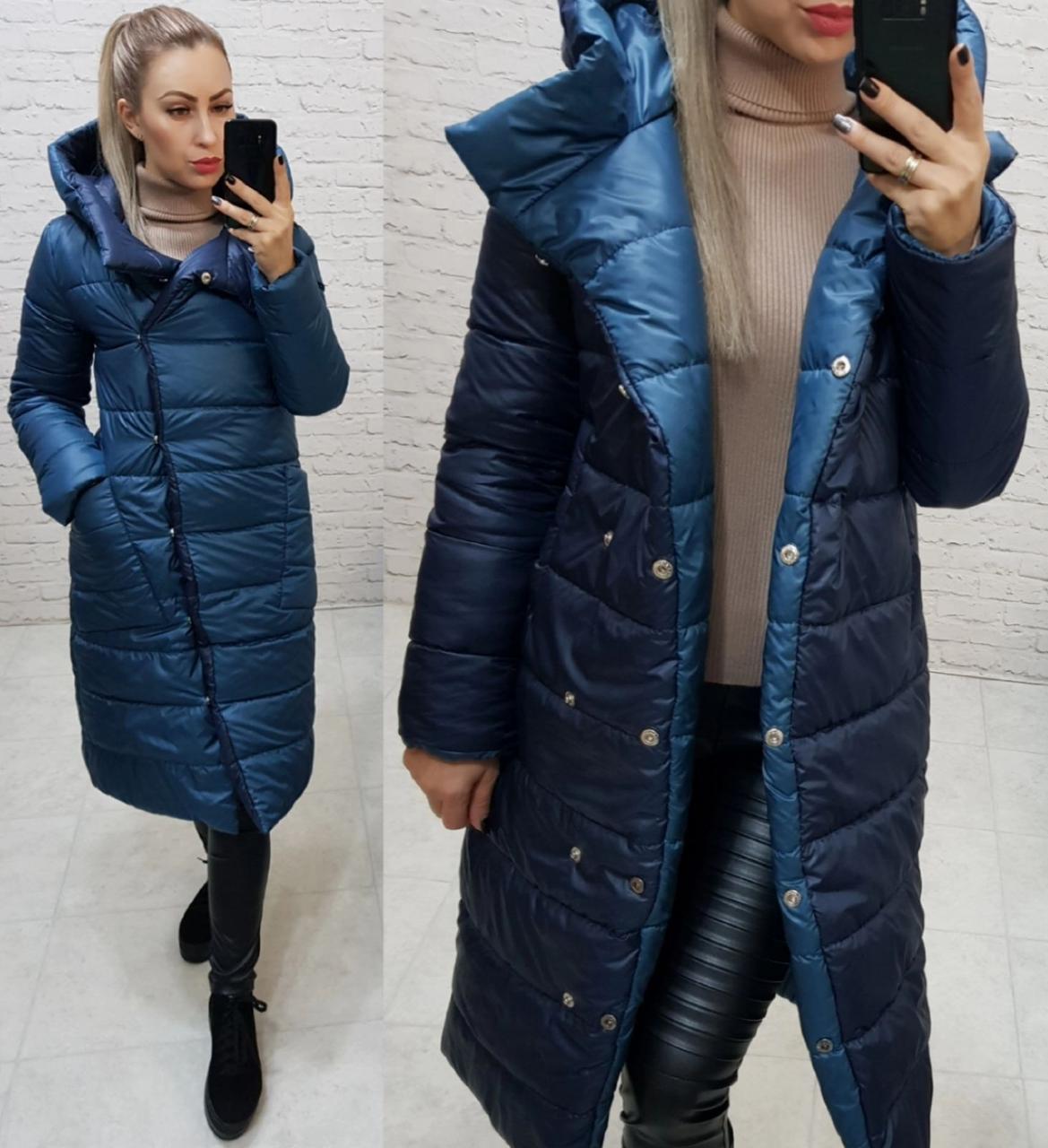 Wow!!! Двостороння куртка єврозиму з капюшоном, арт 1007, колір синій джинс + темно-синій, фото 1