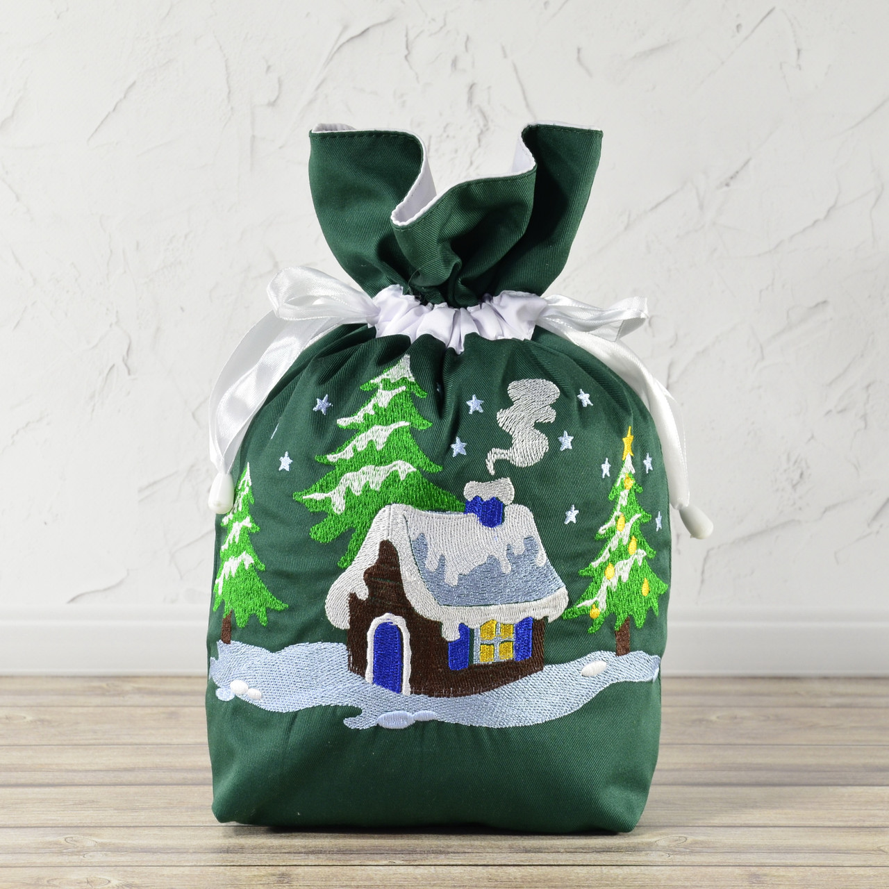 Новорічний різдвяний подарунковий мішечок — будиночок, зелений