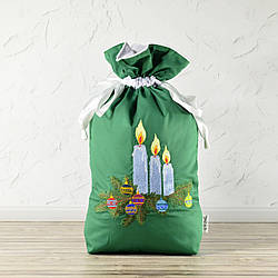 Новорічний різдвяний подарунковий мішечок — три свічки, зелений