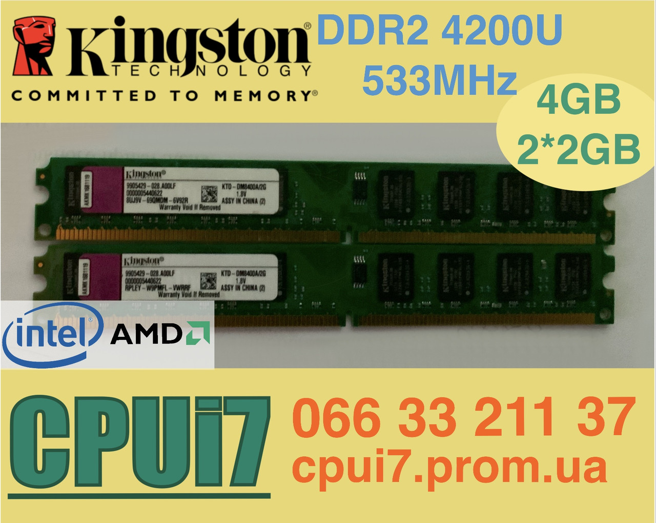 Комплект на 4 GB (2x2GB) DDR2 533MHz PC2 4200U Kingston 2Rx8 RAM (Intel/AMD) Оперативна пам'ять