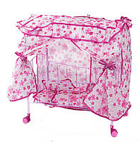 Кроватка кукольная розовая для кукол и пупсов на колесиках с балдахином и матрасом, постельным бельем, коробка