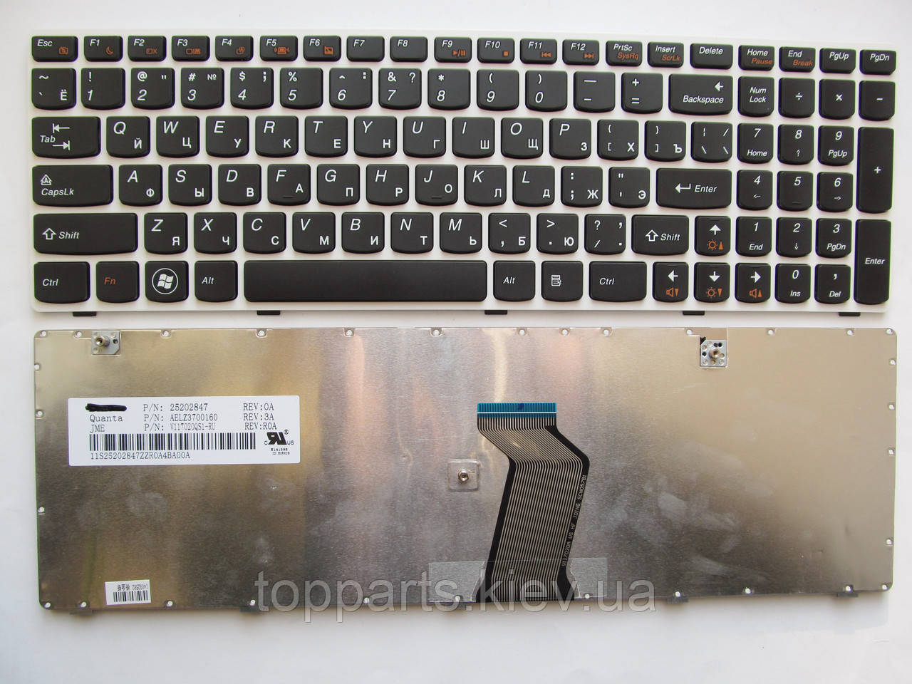 Клавіатура для ноутбуків Lenovo IdeaPad G580, V580, Z580 Series чорна з білою рамкою RU/US