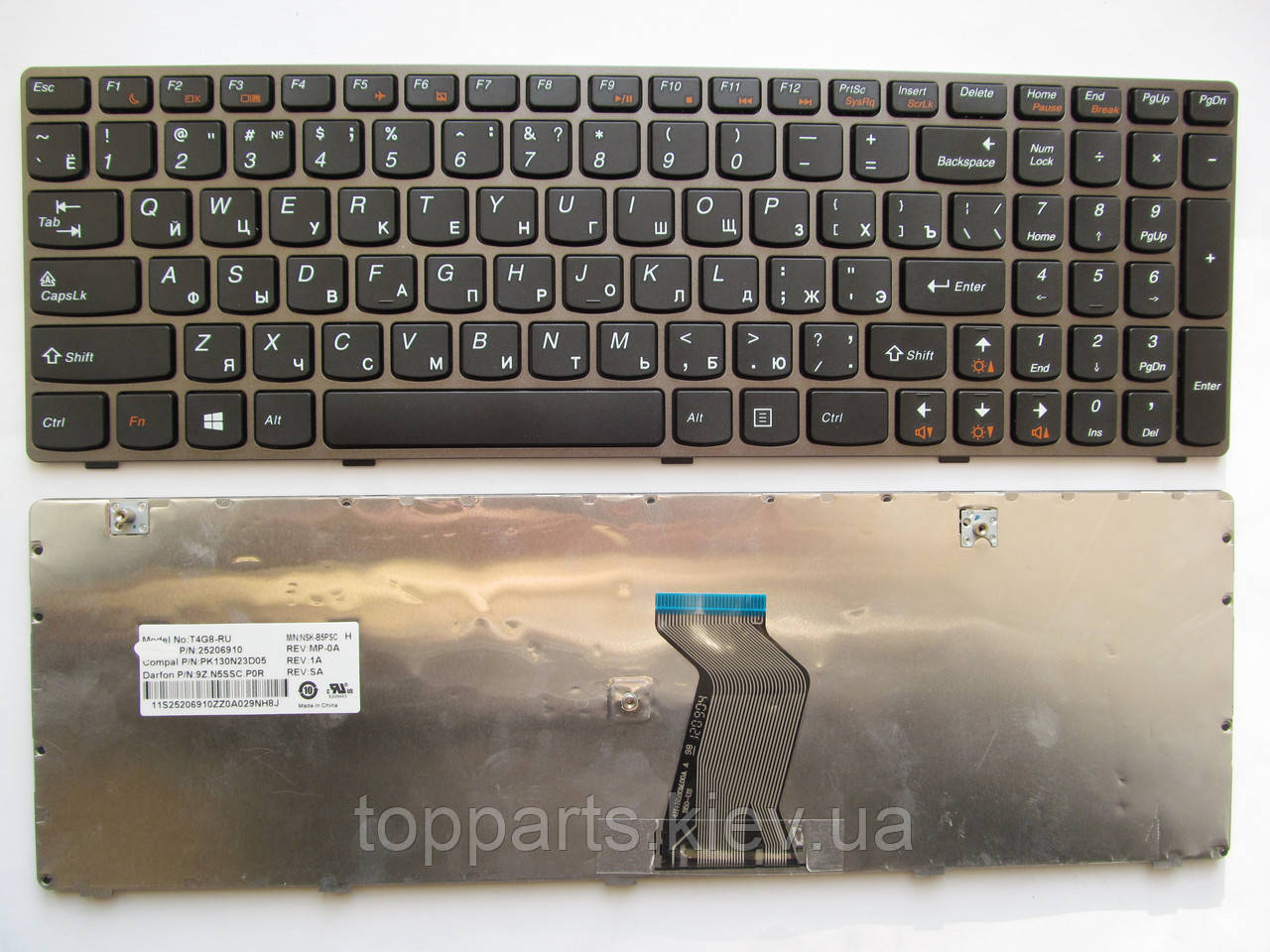Клавіатура для ноутбуків Lenovo IdeaPad G580, V580, Z580 Series чорна з сірою рамкою RU/US