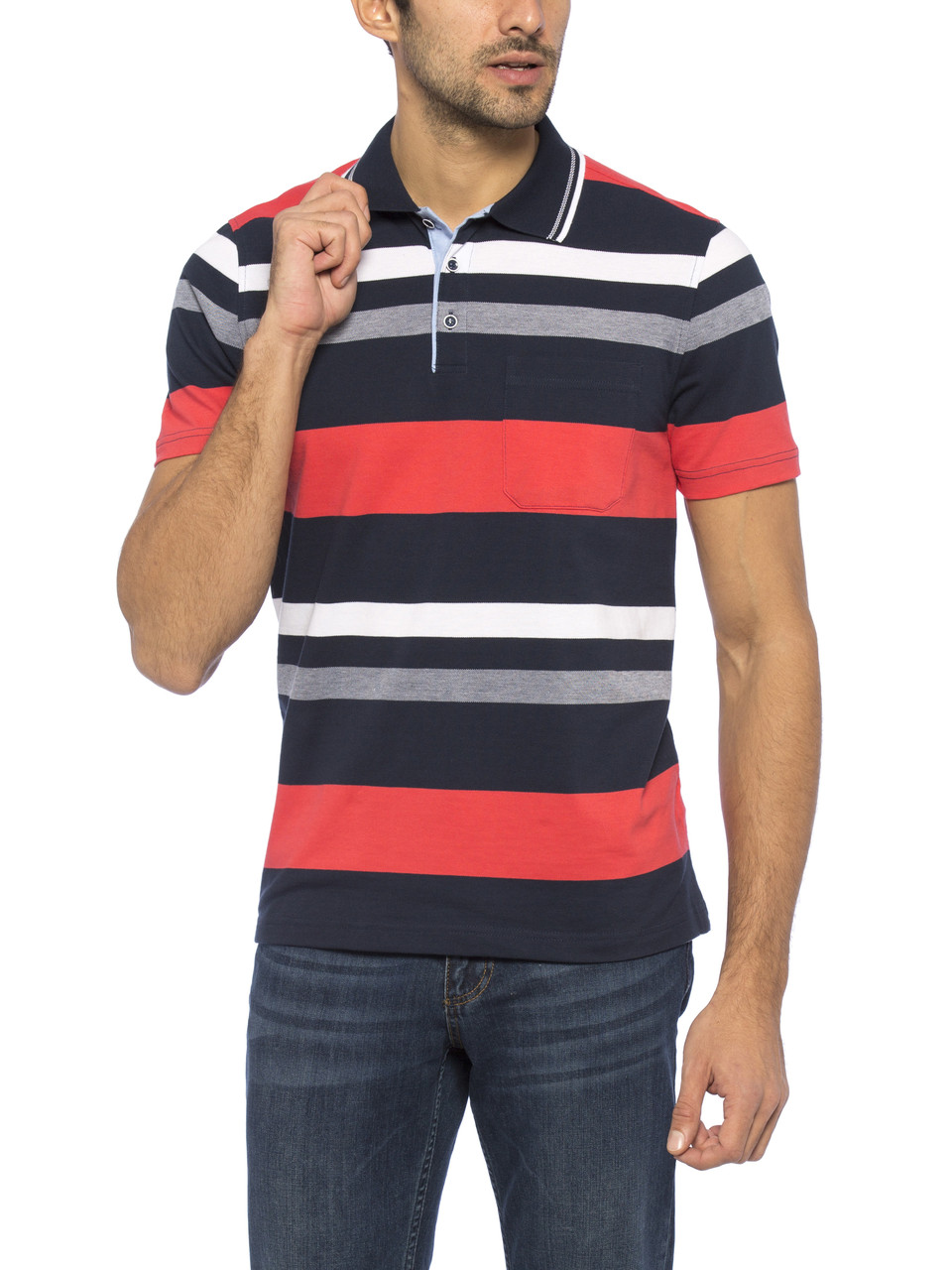 Синє чоловіче поло LC Waikiki/ЛС Вайки в червоно-білу смужку, з кишенею на грудях