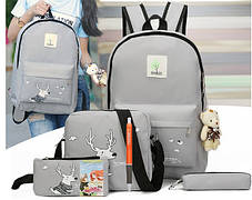 Шкільний тканинний набір 4в1 з принтом Оленя і брелком Ведмедик, фото 2