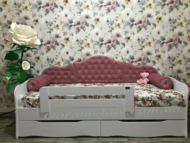 Дитяче ліжко для дівчинки м'якою спинкою, подушками , ящиками,захисним бортиком