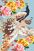 Схема для бісеру А-2 квіти птиці Павичі та півонії (блакитний фон)